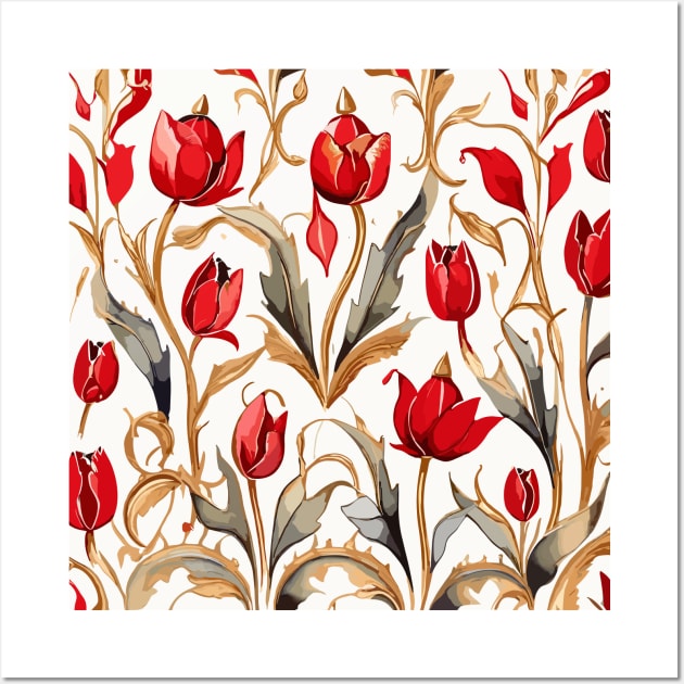 Red Gold Ash Turkish Tulips Ottoman Pattern Wall Art by Siha Arts